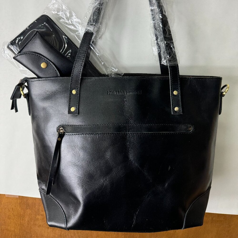 Montana Hudson Black Leather Tote with Wallet, Coin Purse, and Dust Cover - New